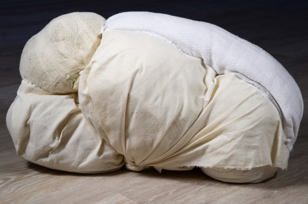 Melora Griffis, "attached," 2015, muslin, cotton diaper, gauze, gesso and thread, 11 x 19 x 9 in.