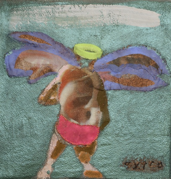 Melora Griffis, "extra (wing triptych)," 2017, acrylic, glitter, fabric and thread mounted on wood panel, 12 x 12 in.