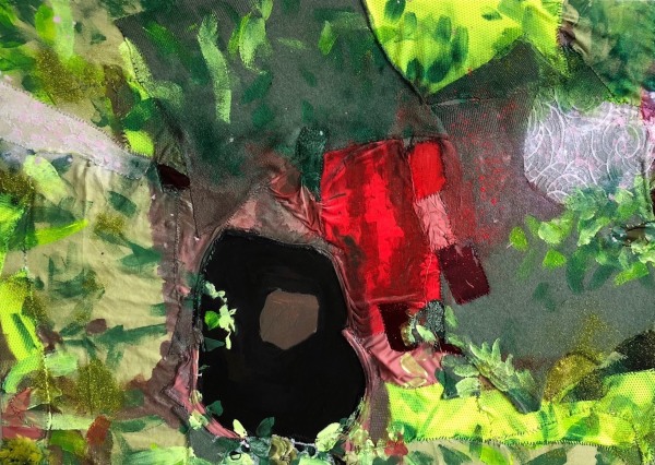 Melora Griffis grief cave 1 (hers) 2018 acrylic, glitter, fabric and thread, on muslin 30 x 42 inches