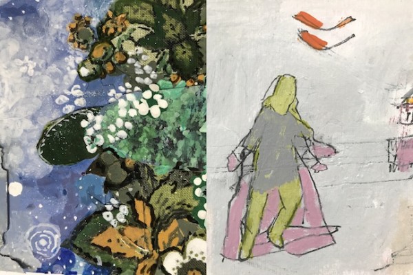 Details, right, Sally Gil, Of the Past, Too/ Prospect, 2017, mixed media collage on paper, 10.25 x 15.75 in., and left, Jimmie James, big story, 2017, acrylic and graphite on watercolor paper, 12.75 x 12.75 in.