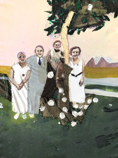 Melora Griffis sons and mothers 2020 acrylic, cotton, sythetic fabric, straw, glitter on vintage pillow case 20 x 16 in.