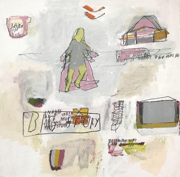 Jimmie James big story 2017 acrylic and graphite on watercolor paper 12.75 x 12.75 in. (framed)