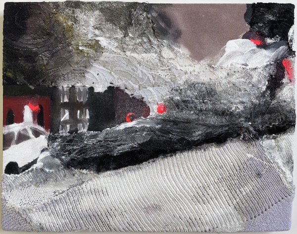 Melora Griffis winter storm 2020 acrylic, fabric and thread on stretched muslin 11 x 14 in.