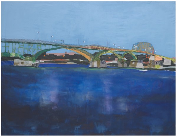 Melora Griffis peace bridge 2021 acrylic, fabric, glitter, thread, on muslin 56 x 72 in.