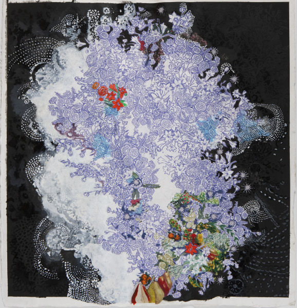 Sally Gil Preceding Pears 2011 collage, acrylic, casein and house paint on paper 24 x 23 in.