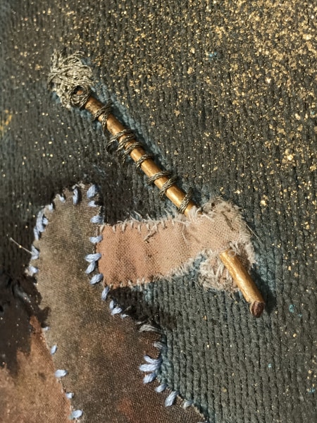 Melora Griffis, "broken (wing triptych)," detail, 2017, acrylic, glitter, fabric, leather and thread mounted on wood panel, 12 x 12...