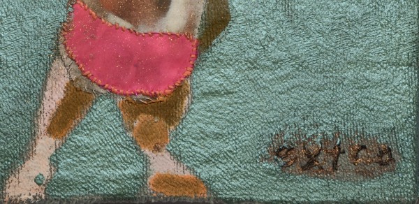 Melora Griffis, extra (wing triptych), detail, 2017, acrylic, glitter, fabric and thread mounted on wood panel, 12 x 12 in.