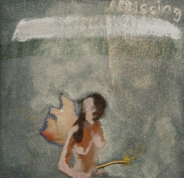Melora Griffis, missing (wing triptych), 2017, acrylic, glitter, fabric, leather and thread mounted on wood panel, 12 x 12 in.