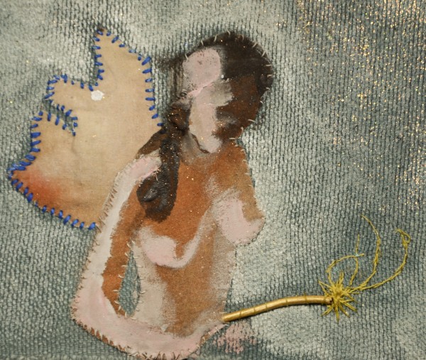 Melora Griffis, "missing (wing triptych)," detail, 2017, acrylic, glitter, fabric, leather and thread mounted on wood panel, 12 x 12 in.