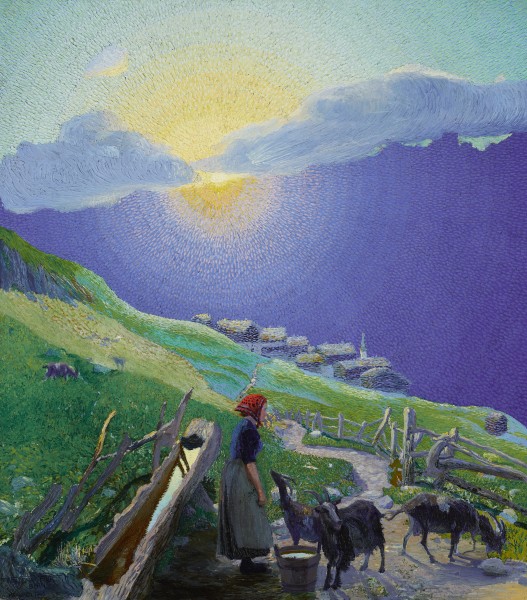 Waldemar Fink Shepherdess with Flock in the Alps at Sunrise