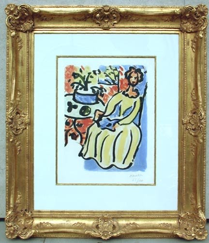 Henri Matisse (French, 1869-1954) Marie-José en robe jaune, 1950, edition of 100 (Duthuit-Matisse, 817). Signed and numbered "H. Matisse/26/100" in crayon l.r. Color aquatint on Arches paper with watermark, plate size 21 1/8 x 16 7/16 in. (53.5 x 41.6 cm), framed. Condition: Full sheet with deckled edges, sheet gently toned, colors strong and fresh, staining near edges of sheet, pinpoint foxing visible primarily on verso. Provenance: A private New England collection. N.B. Matisse was a prolific printmaker, creating more than 800 printed works, and worked in a broad variety of techniques, embracing intaglio, relief, and planeographic processes. The work presented here is an aquatint; an intaglio process in which the artist brushes a granular resin onto a metal plate. When the plate is placed into an acid bath the particles protect the surface, creating a fine network of channels that carry ink for printing.