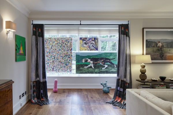 Ad Minoliti (painting to left of curtains), Marie Jacotey (curtains), Jonathan Trayte (sculpture on floor to left), Sebastian Stöhrer (sculpture on floor to right), Bobby Dowler (left on window), Sean Steadman (top right on window), Charlie Billingham (bottom right on window) and Tereza Vlčková (photograph) to right of curtains)