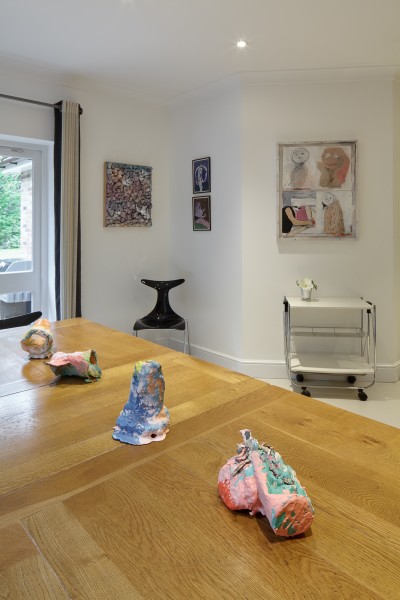 Adham Faramawy (left) and Nel Aerts (drawings on wall in centre), Megan Rooney (right) and Rosie Reed (sculptures on table)