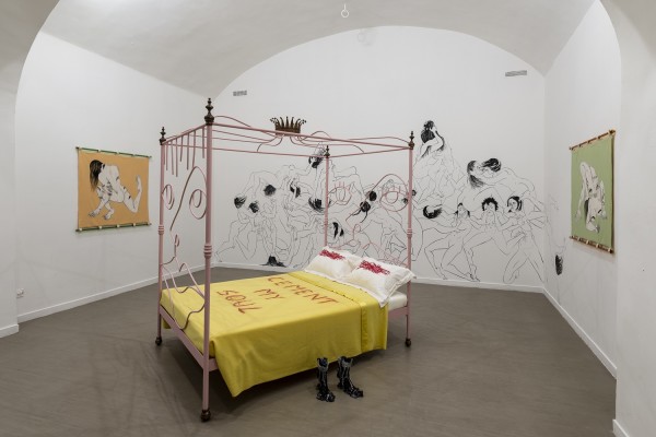Saelia Aparicio (left, wall mural and right), Charlotte Colbert (bed in centre) and Lindsey Mendick (centre)