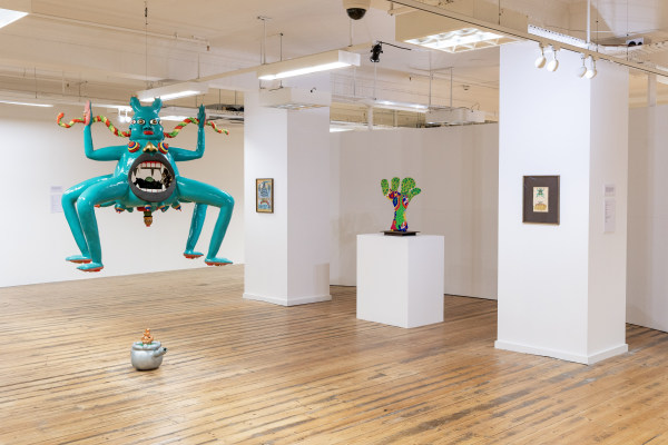 Left to right: Rae-Yen Song hanging sculpture, Rae-Yen Song works on paper and Niki de Saint Phalle sculpture on plinth