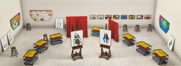 David Hockney, Seven Trollies, Six and a Half Stools, Six Portraits, Eleven Paintings, and Two Curtains, 2018