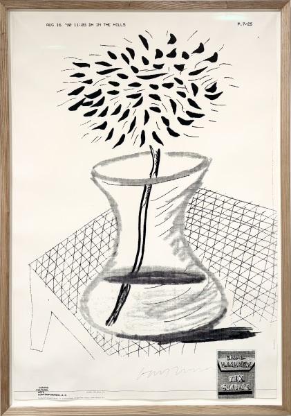 Hand-signed Fax Cuadros poster by David Hockney, featuring fax print of a facsimile drawing and artist's signature