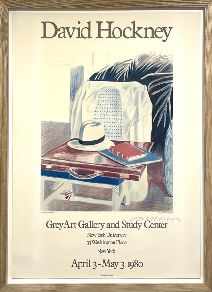 Hand-signed exhibition poster for 'Still Life, Taj Hotel, Bombay' by David Hockney, featuring a vibrant interior scene and the artist's signature