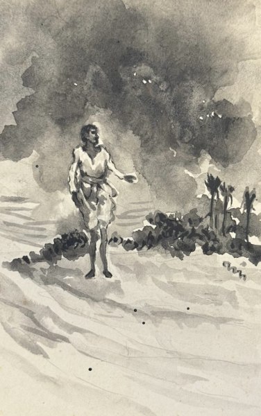 Nandalal Bose, Untitled, Ink on Card, 13.9 x 8.9 cm.