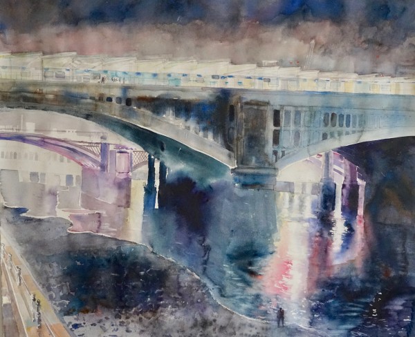 Sophie Knight RWS Night Lights Across the Thames, Blackfriars Bridge watercour and pencil 100 x 110 cm