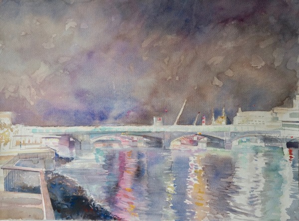 Sophie Knight RWS Night Lights on the Water, South Bank watercolour & body colour 56 x 76cm