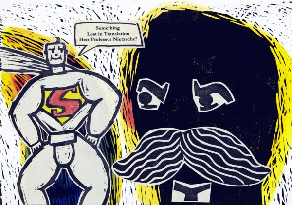 Gerry Baptist RWS RE Something Lost in Translation Herr Professor Nieztsche? woodcut collage 30 x 42cm £450