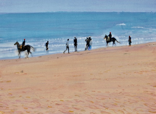 Simon Pierse Riders on Mamallapuram Beach watercolour & ink Framed Artwork: 51 x 71cm Frame: 63 x 82cm