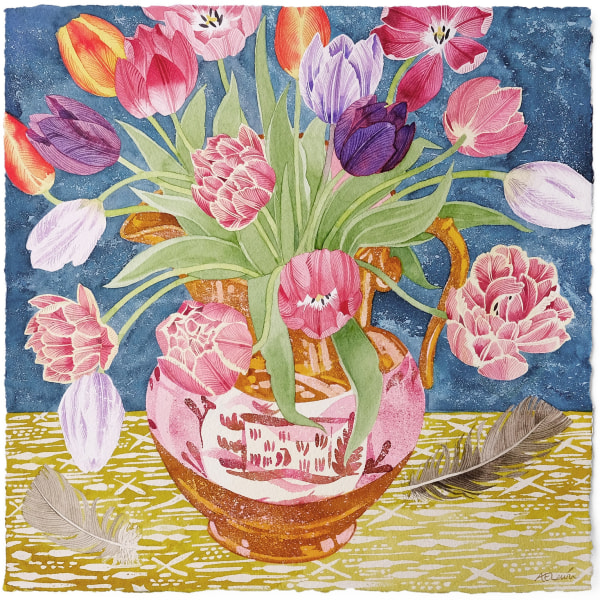 Angie Lewin Tulips in Lustreware Jug watercolour Frame: 50 x 50cm Artwork: 41 x 41cm