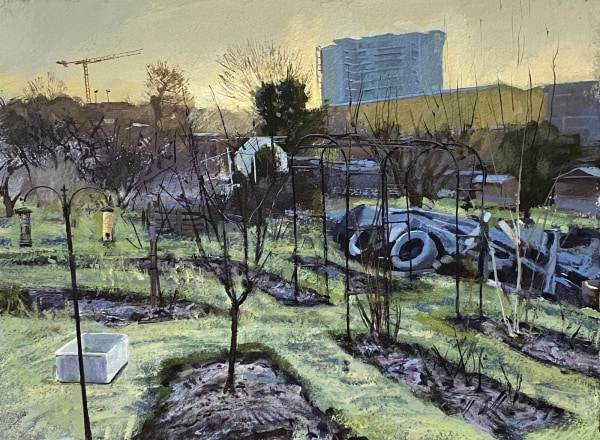 Paul Regan Allotment. Frost. acrylic on paper Unframed and unmounted Artwork: 28 x 38cm