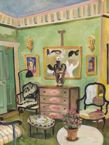 Lottie Cole Interior with Agnes Martin, Alice B Toklas & Ethel Grant watercolour & gouache Frame: 71 x 56cm Artwork: 61 x 46cm