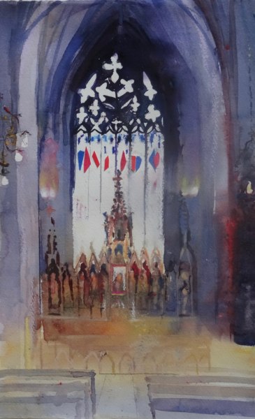 Sophie Knight, Golden Alter Piece, Red and Blue Stained Glass in the Darkness of the Church