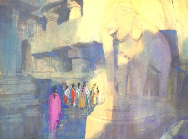 Simon Pierse Girl in a Jain Temple watercolour & ink Framed Artwork: 52 x 72cm Frame: 76 x 96.5cm