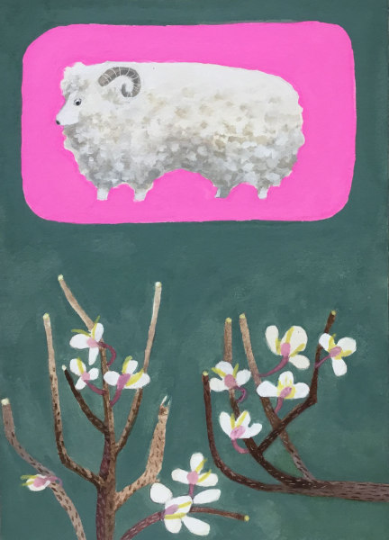Gertie Young Ram with Hairy Bittercress acrylic & gouache Unframed and unmounted Artwork: 21 x 15cm