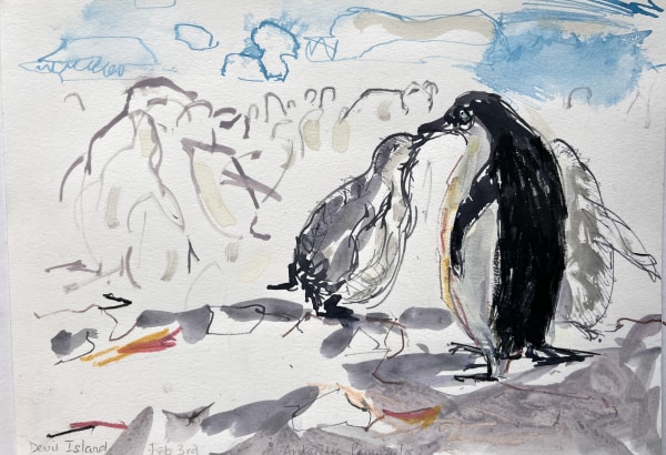 Frances Hatch Adelie Penguin Rookery, Devil Island, Antarctic Peninsula, 3rd February. ink, oil pastel & gouache Unframed and unmounted Artwork: 20 x 29cm
