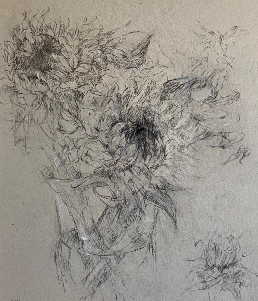 Diana Armfield Sunflowers in a Glass Jar chalk drawing Frame: 53 x 48cm Artwork: 32 x 28cm