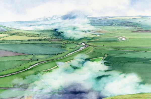 Liz Butler "Come from the Sea with Breadth of Approaching Brightness, When the Blithe Wind Laughs on the Hills with Uplifted Voice." Victory by Siegfried Sassoon (View from Mount Caburn, looking down the Ouse valley towards the sea) watercolour Unframed Artwork: 34 x 53cm