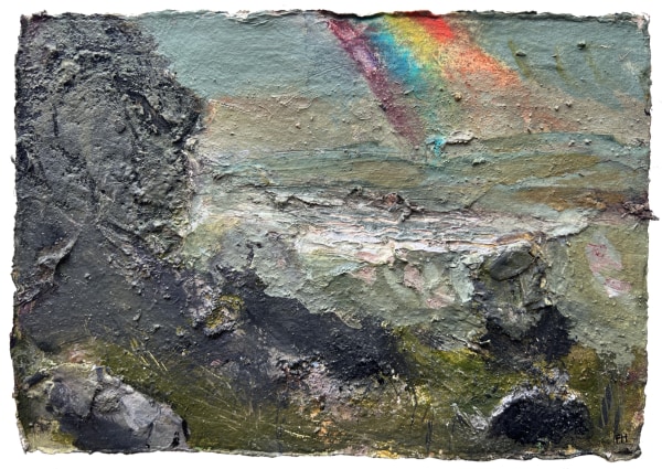 Frances Hatch Limestone Pavement Under the Rainbow, above Malham Cove. October 2019 site earths & acrylic on handmade cotton rag paper Unframed and unmounted Artwork: 22 x 15cm