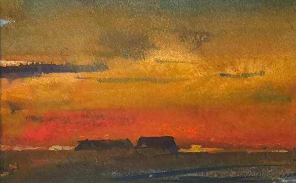 Francis Bowyer Sunset Over Fishing Huts watercolour Unframed with window mount Artwork: 14 x 22cm