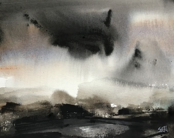 Sue Howells Into the Storm watercolour Frame: 46 x 46cm Artwork: 22 x 22cm