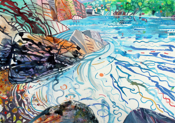 David Wiseman Incoming Tide Hope Cove acrylic on paper Framed Artwork: 62 x 43cm Frame: 76 x 58cm