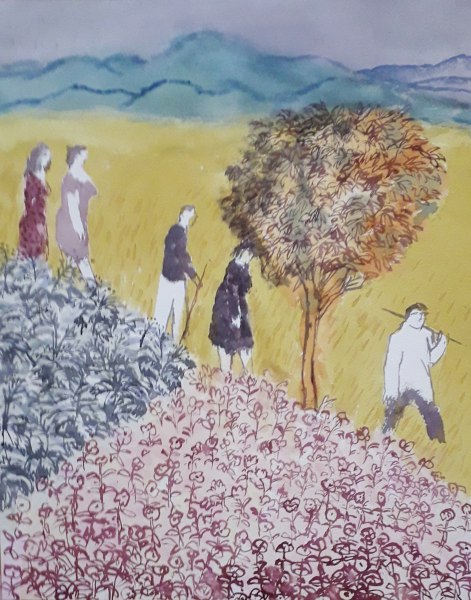 Richard Sorrell Walking Through Sunlit Fields watercolour Frame: 78 x 61cm Artwork: 55 x 44cm