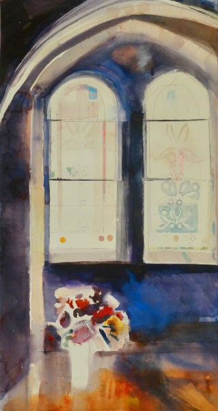 Sophie Knight, Flowers in Church Alcove with Two Stained Glass Windows