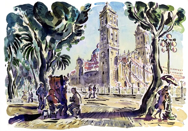 Paul Cox Puebla Cathedral Mexico  ink & watercolour Frame: 60 x 42cm Artwork: 82 x 62cm