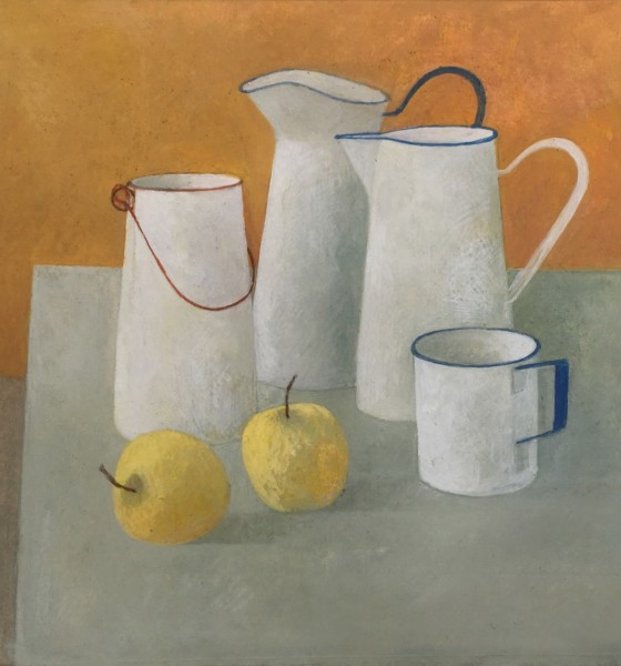 Wendy Jacob Four Vessels and Two Apples gouache Framed Artwork: 27 x 27cm Frame: 42 x 42cm