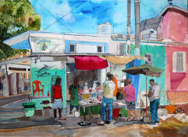 Peter Quinn Frying Fish, Mahebourg, Mauritius watercolour Framed Artwork: 56 x 75cm Frame: 70 x 85cm