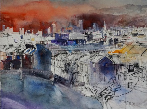 Sophie Knight, Sky a Deep Red, Terraced Houses and View Out to the City, Telegraph Hill