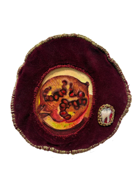 Olive Haigh Guest RWS Evil Pomegranate mixed media (watercolour, resin, wool, embroidery thread, paper, felt & cardboard) Artwork: 18 x 18.5cm £350