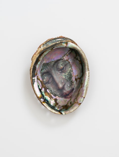 Deluge (2025) depicts a detail from Rogier van Der Weyden’s Descent from the Cross (c.1435), painted on an abalone shell....