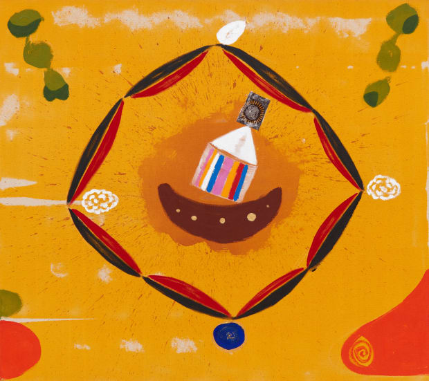 Sur la toile, le collage d'images empruntées jouxte la peinture en aplat travaillé, étendue opaque qui laisse transparaître parfois la...