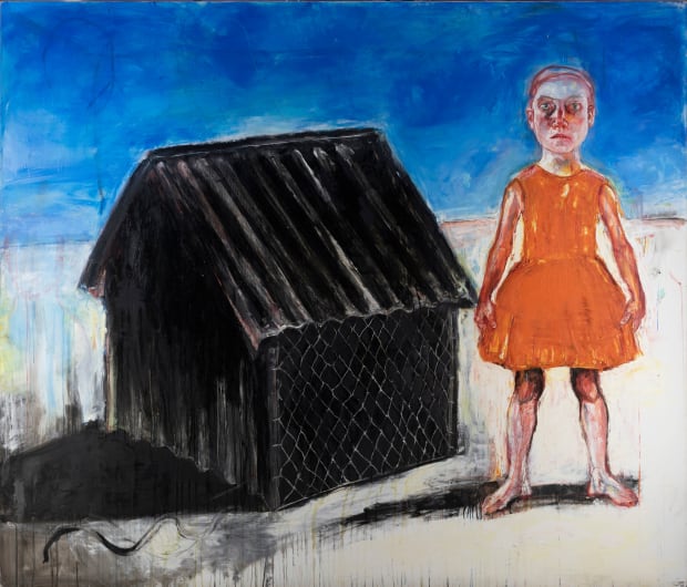 In Chicken Coop III, the artist depicts her younger self standing amidst the vast Australian landscape. The little girl faces...
